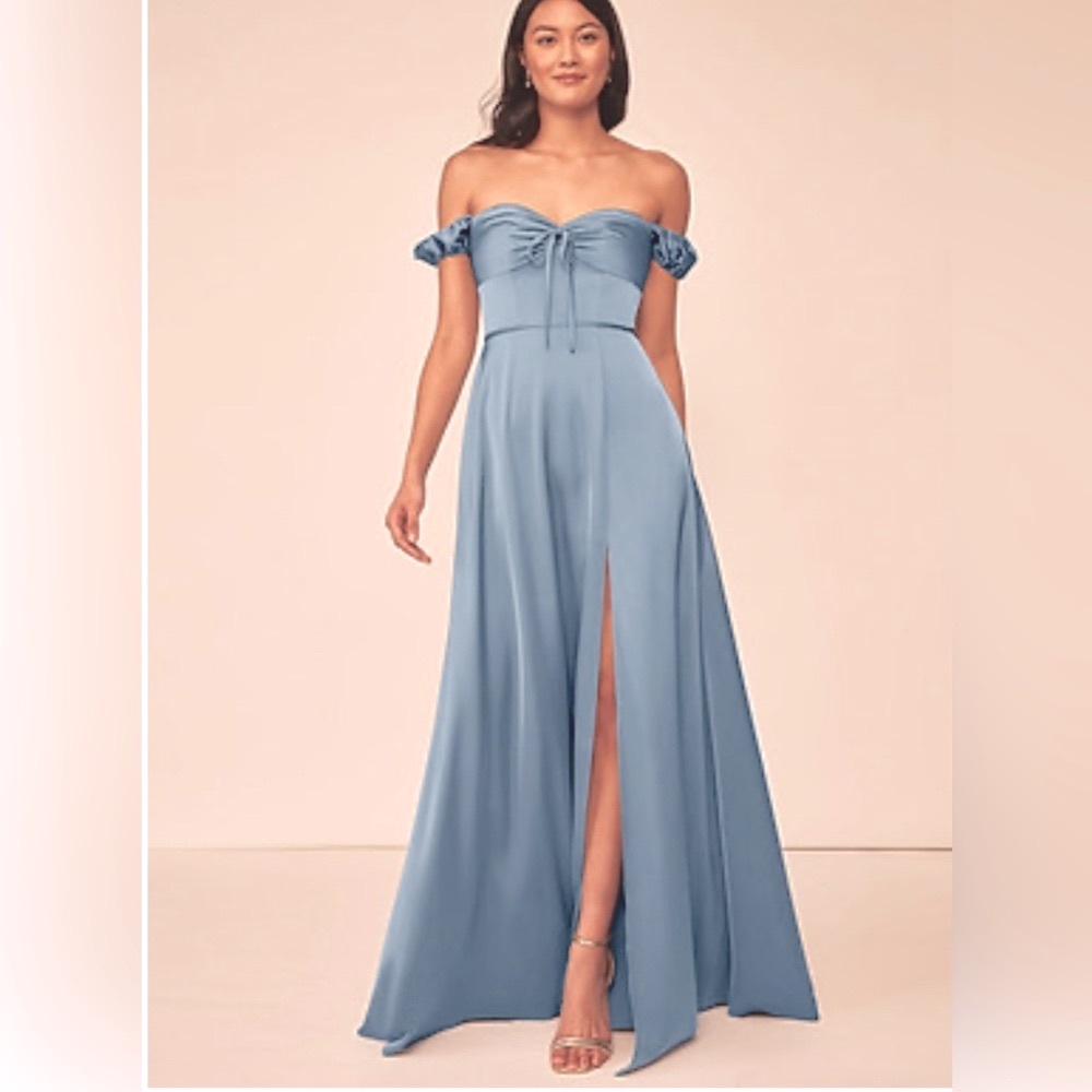 Azazie dusty blue satin bridesmaids dress